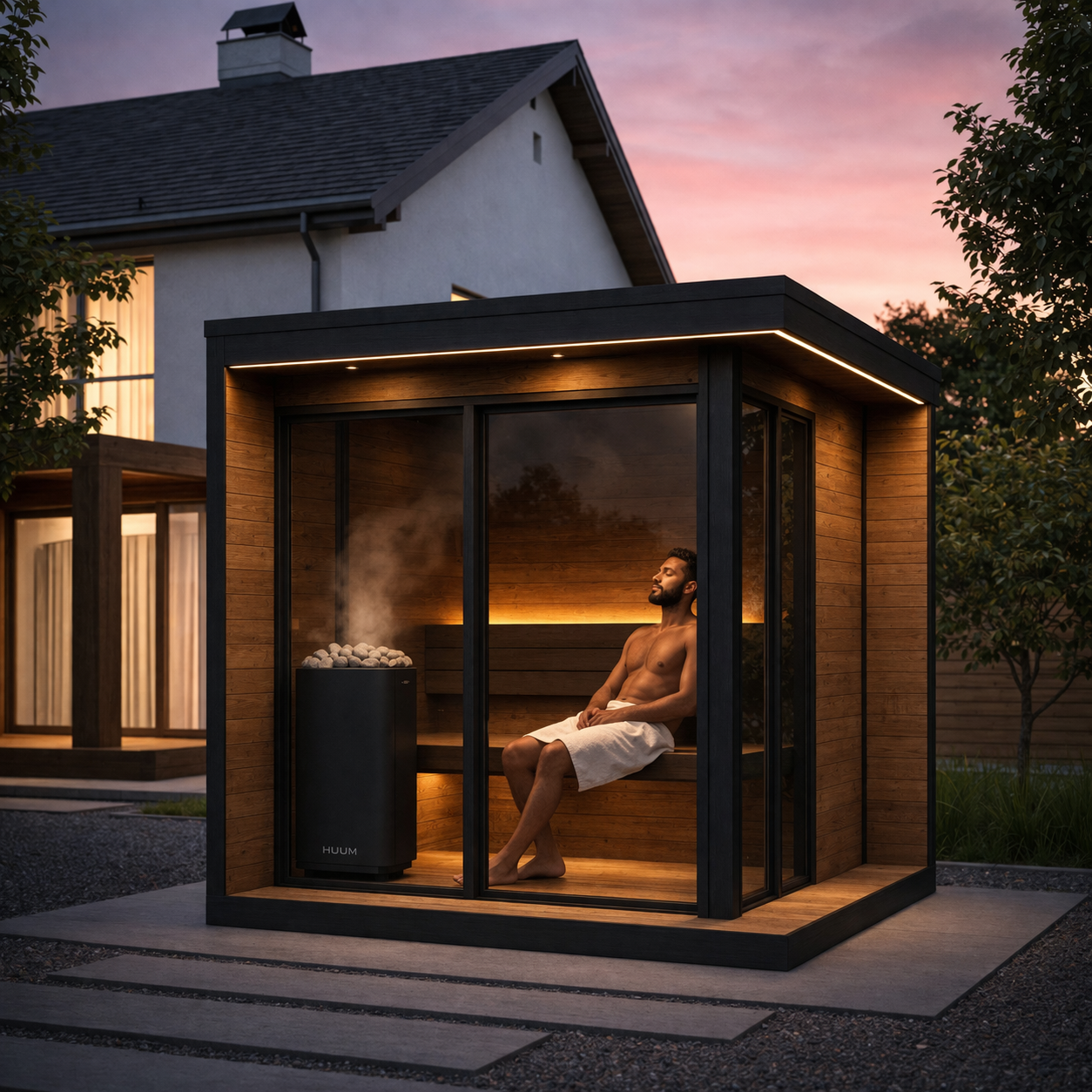 Luxury outdoor sauna at dusk